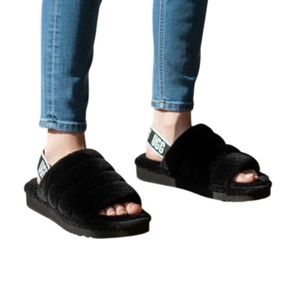 UGG Fluff Yeah Slide Black Sheepskin Slingback Sandals 1095119 Womens Size 9